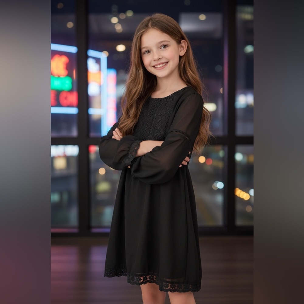 Ella Moss Black Chiffon With Lace Dress Girls Size 10